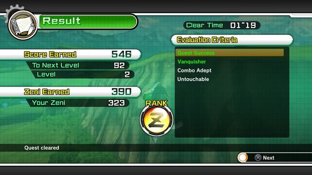 Ekran postępów zadania, z wyświetloną rangą i nagrodami - Rangi i doświadczenie | Informacje wstępne w Dragon Ball Xenoverse - Dragon Ball: Xenoverse - poradnik do gry