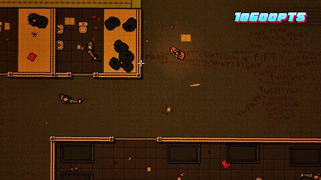 W pomieszczeniu poniżej znajduje się kolejny strzelec oraz kilku przeciwników z bronią białą - Bonus Scene - The Abyss | Epilog i bonusowa misja | Hotline Miami 2 Wrong Number - Hotline Miami 2: Wrong Number - poradnik do gry