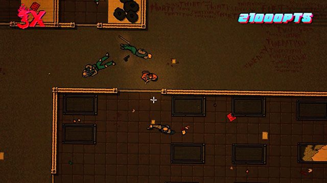 Po lewej znajduje się kolejna dwójka ludzi z bronią białą - Bonus Scene - The Abyss | Epilog i bonusowa misja | Hotline Miami 2 Wrong Number - Hotline Miami 2: Wrong Number - poradnik do gry