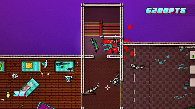 W pokojach po lewej i prawej znajduje się po jednym przeciwniku z bronią palną - Scene 1 - Down Under | Act 1 - Exposition | Hotline Miami 2 Wrong Number - Hotline Miami 2: Wrong Number - poradnik do gry