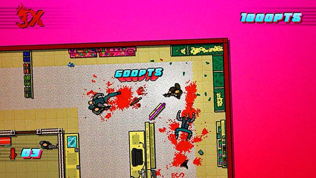 Zamień strzelbę na broń białą i wejdź do środkowego pokoju przez górne drzwi - Scene 2 - Homicide | Act 1 - Exposition | Hotline Miami 2 Wrong Number - Hotline Miami 2: Wrong Number - poradnik do gry