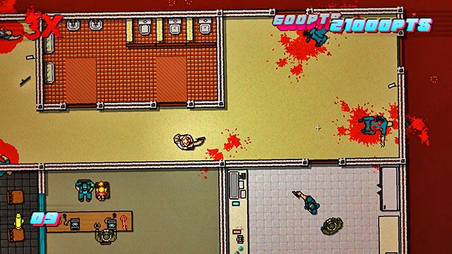 Poniżej kuchni znajdziesz ostatnią dwójkę policjantów, w tym jednego strzelca - Scene 4 - Final Cut | Act 1 - Exposition | Hotline Miami 2 Wrong Number - Hotline Miami 2: Wrong Number - poradnik do gry