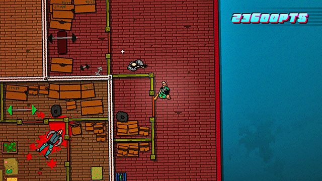 Po zabiciu ostatniego wroga wróć do dużego pomieszczenia z kilkoma strzelcami - Scene 6 - Moving Up | Act 2 - Rising | Hotline Miami 2 Wrong Number - Hotline Miami 2: Wrong Number - poradnik do gry