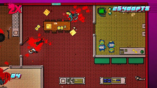 Dolna część planszy jest patrolowana przez psa - Scene 7 - No Mercy | Act 2 - Rising | Hotline Miami 2 Wrong Number - Hotline Miami 2: Wrong Number - poradnik do gry