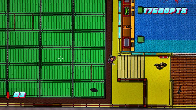 Stojąc na szczycie schodów strzel w przejście - Scene 11 - Dead Ahead | Act 3 - Climax | Hotline Miami 2 Wrong Number - Hotline Miami 2: Wrong Number - poradnik do gry