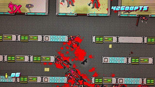 Po lewej stronie planszy znajdują się wrogowie z bronią białą, tak poza, jak i w pomieszczeniu na górze - Scene 11 - Dead Ahead | Act 3 - Climax | Hotline Miami 2 Wrong Number - Hotline Miami 2: Wrong Number - poradnik do gry