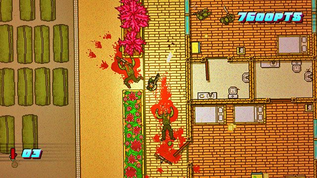 Po lewej znajdziesz kolejnego wroga stojącego między kwiatami oraz jednego mięsniaka - Scene 14 - Stronghold | Act 4 - Falling | Hotline Miami 2 Wrong Number - Hotline Miami 2: Wrong Number - poradnik do gry