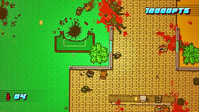 Poniżej strzelców znajduje się kolejny żołnierz kucający za osłoną oraz dwóch z bronią białą - Scene 14 - Stronghold | Act 4 - Falling | Hotline Miami 2 Wrong Number - Hotline Miami 2: Wrong Number - poradnik do gry