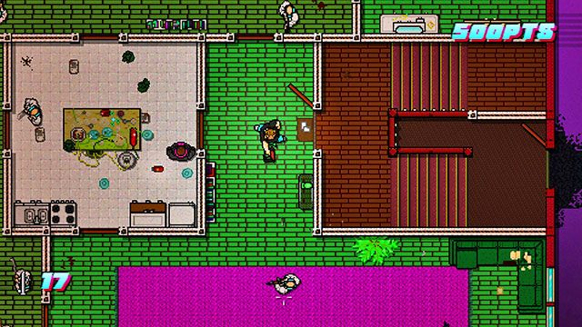 Ostrożnie otwórz drzwi do pomieszczenia po lewej i zwróć na siebie uwagę przeciwników - Scene 15 - Withdrawal | Act 4 - Falling | Hotline Miami 2 Wrong Number - Hotline Miami 2: Wrong Number - poradnik do gry