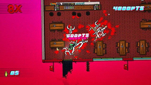 W górnej części pomieszczenia znajdziesz kolejnych wrogów z bronią białą oraz kilku strzelców - Scene 17 - First Blood | Act 5 - Intermission | Hotline Miami 2 Wrong Number - Hotline Miami 2: Wrong Number - poradnik do gry