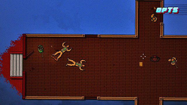 Rzuć posiadaną bronią w strażnika przy wejściu, podejdź i go dobij - Scene 18 - Demolition | Act 5 - Intermission | Hotline Miami 2 Wrong Number - Hotline Miami 2: Wrong Number - poradnik do gry