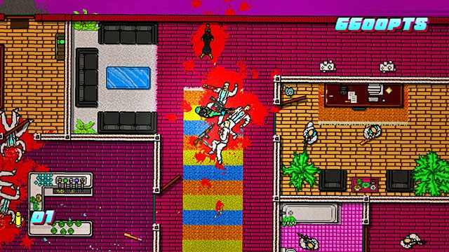 Wyjdź z pomieszczenia lewym wejściem i zastrzel strażnika w górnej, prawej części poziomu - Scene 19 - House Call | Act 5 - Intermission | Hotline Miami 2 Wrong Number - Hotline Miami 2: Wrong Number - poradnik do gry