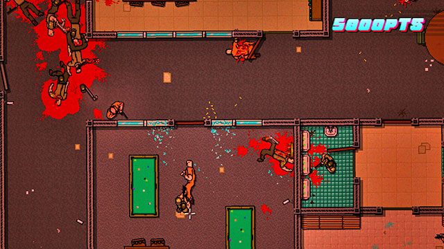 Zastrzel strażników w prawej części poziomu, korzystając z faktu, że na dużą odległość jesteś dla nich niewidoczny - Scene 20 - Release | Act 5 - Intermission | Hotline Miami 2 Wrong Number - Hotline Miami 2: Wrong Number - poradnik do gry