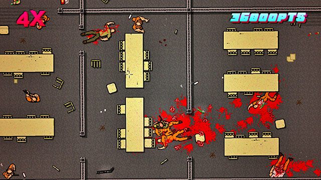 Po lewej znajdują się dwa pomieszczenia patrolowane przez strzelców i ludzi z bronią białą - Scene 20 - Release | Act 5 - Intermission | Hotline Miami 2 Wrong Number - Hotline Miami 2: Wrong Number - poradnik do gry