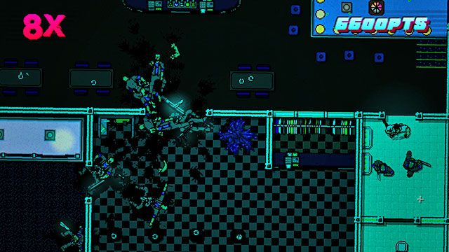 Górna część planszy jest patrolowana przez kilku strzelców - Scene 21 - Seizure | Act 6 - Catastrophe | Hotline Miami 2 Wrong Number - Hotline Miami 2: Wrong Number - poradnik do gry