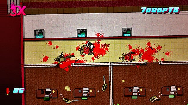 W dolnej, prawej części planszy znajduje się kolejny patrolujący okolicę strzelec - Scene 22 - Blood Money | Act 6 - Catastrophe | Hotline Miami 2 Wrong Number - Hotline Miami 2: Wrong Number - poradnik do gry