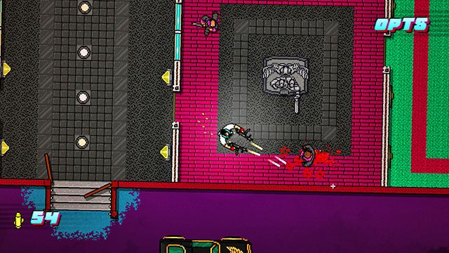 Jeśli zacząłeś od mięśniaka, idź do góry i pozbądź się strzelca wraz z obstawą - Scene 24 - Take Over | Act 6 - Catastrophe | Hotline Miami 2 Wrong Number - Hotline Miami 2: Wrong Number - poradnik do gry