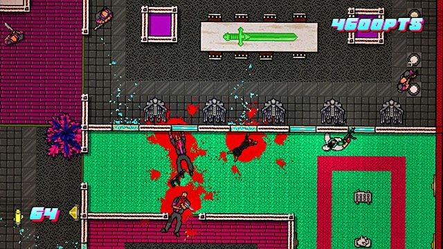 Oczyściwszy prawą część planszy stań w wejściu do zielonego pokoju i spójrz w górę - Scene 24 - Take Over | Act 6 - Catastrophe | Hotline Miami 2 Wrong Number - Hotline Miami 2: Wrong Number - poradnik do gry