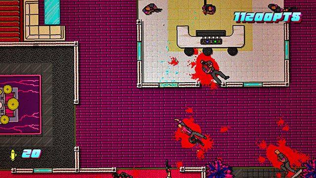 Ostatnich przeciwników znajdziesz na schodach po lewej oraz w sali z gitarami po prawej - Scene 24 - Take Over | Act 6 - Catastrophe | Hotline Miami 2 Wrong Number - Hotline Miami 2: Wrong Number - poradnik do gry