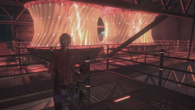 Na niższym poziomie, przy pudłach, spotkasz następne niewidzialne larwy. - Ucieknij z pomnika | Metamorfoza - Claire | Resident Evil Revelations 2 - Resident Evil: Revelations 2 - Kolonia Karna - poradnik do gry