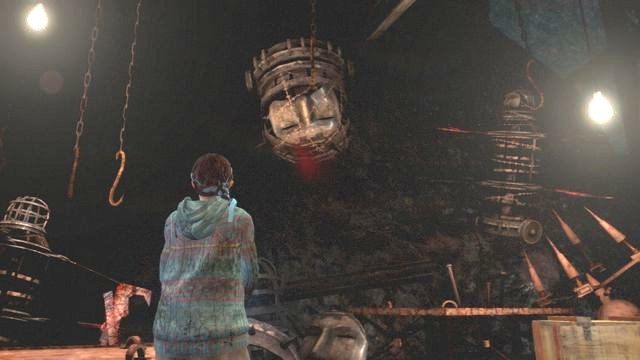 Na samym dole, po przejściu przez teren z wiszącymi lalkami trafisz do miejsca, gdzie przy stole możesz ulepszyć swoją broń - Larwy owada (Natalia) | Metamorfoza | Resident Evil Revelations 2 - Resident Evil: Revelations 2 - Kolonia Karna - poradnik do gry