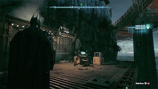 Trofeum jest w dobrze widocznym miejscu i nikt go nie pilnuje - Trofea Człowieka-Zagadki na wyspie Bleake Island (19-36) | Wyspa Bleake Island - Batman Arkham Knight - poradnik do gry