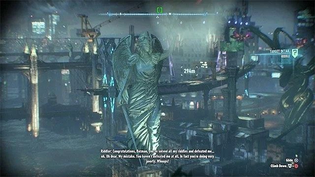 Ustaw się w dużej odległości żeby widzieć całą statuę - Zagadki słowne na wyspie Bleake Island | Wyspa Bleake Island - Batman Arkham Knight - poradnik do gry