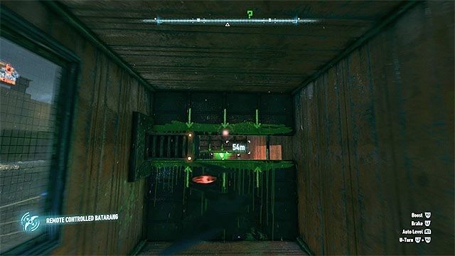 Batarang musi przelecieć przez wszystkie trzy otwory i trafić w zielony pytajnik - Trofea Człowieka-Zagadki na wyspie Founders Island (17-33) | Wyspa Founders Island - Batman Arkham Knight - poradnik do gry