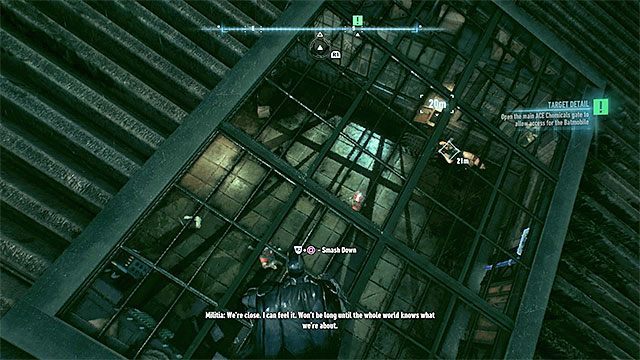 Mechanizm sterowania bramą jest niedaleko niej, w pomieszczeniu z kilkoma przeciwnikami - Otwarcie głównej bramy fabryki ACE Chemicals | Główny wątek fabularny - Batman Arkham Knight - poradnik do gry