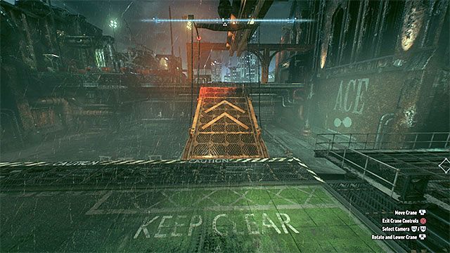Po zakończonych walkach podejdź do mechanizmu sterowania dźwigiem i zacznij przemieszczać przyczepioną do niego rampą - Uratowanie zaginionych pracowników fabryki | Główny wątek fabularny - Batman Arkham Knight - poradnik do gry