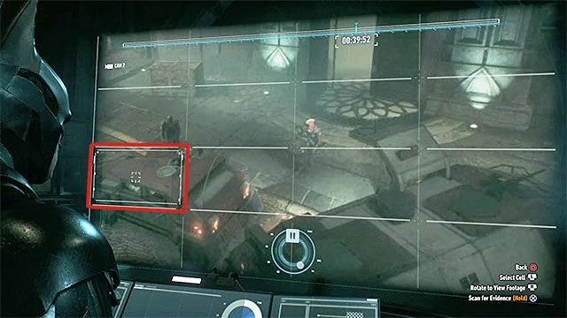 Pozostań przy widoku z prawej górnej kamery i przewiń nagranie do około 39 sekundy - Zbadanie wieży zegarowej w poszukiwaniu śladów | Główny wątek fabularny - Batman Arkham Knight - poradnik do gry