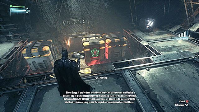 Wyrusz dalej i zatrzymaj się po znalezieniu się w pomieszczeniu z trzema nowymi skrzyniami - Zbadanie pierwszego sterowca | Główny wątek fabularny w Batman Arkham Knight - Batman Arkham Knight - poradnik do gry