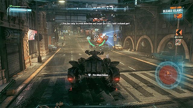 Powróć do batmobilu i ostrożnie zacznij zbliżać się do czołgu Kobra - Zniszczenie czołgu Kobra | Główny wątek fabularny w Batman Arkham Knight - Batman Arkham Knight - poradnik do gry