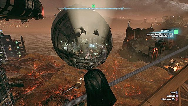 Doleć do zniszczonej przedniej części sterowca - Przesłuchanie Simona Stagga na temat słabych punktów czołgu Oberwanie Chmury (Cloudburst) | Główny wątek fabularny - Batman Arkham Knight - poradnik do gry