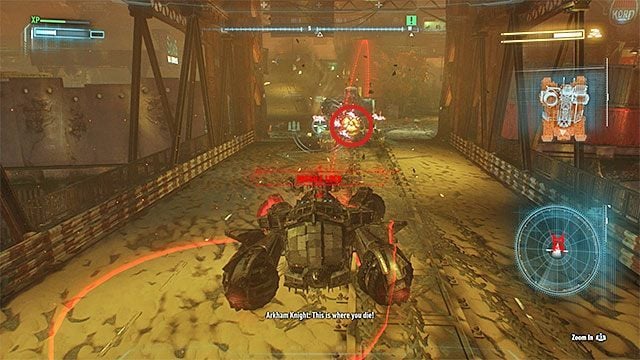 Ostatnia część pojedynku z rycerzem Arkham niestety również jest bardzo wymagająca - Zniszczenie czołgu Oberwanie Chmury (Cloudburst) operowanego przez rycerza Arkham | Główny wątek fabularny - Batman Arkham Knight - poradnik do gry