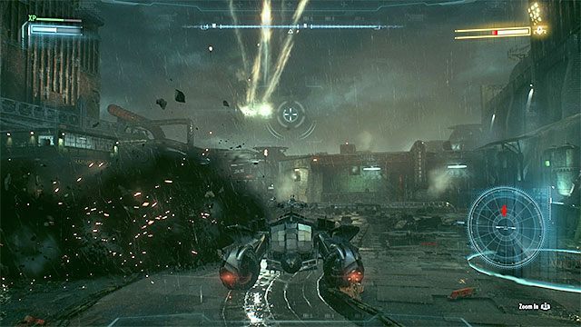 Atakuj wrogą maszynę latającą i sam unikaj ostrzału z jej strony - Rycerz Arkham (Arkham Knight) - pierwsze starcie | Pojedynki z bossami - Batman Arkham Knight - poradnik do gry