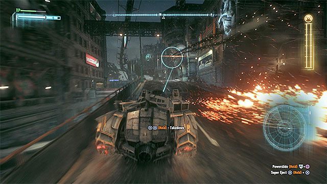 Katapultuj Batmana po tym jak znajdzie się wystarczająco blisko Świetlika (dopiero gdy skończy mu się paliwo!) - Świetlik (Firefly) | Pojedynki z bossami w Batman Arkham Knight - Batman Arkham Knight - poradnik do gry