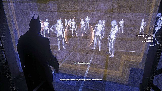 Ustaw się przy ścianie dokładnie za więzionym Nightwingiem - Przemytnik broni (Gunrunner) | Poszukiwani przestępcy w Batman Arkham Knight - Batman Arkham Knight - poradnik do gry