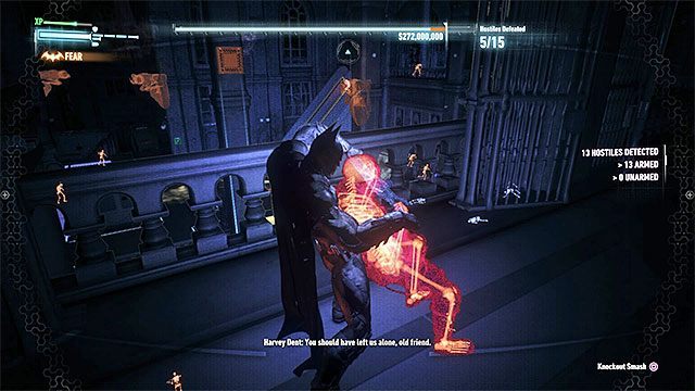 Szybko eliminuj kolejnych wrogów, bo w wyznaczonym limicie musisz ogłuszyć ich aż piętnastu - Bandyta o dwóch twarzach (Two-Faced Bandit) | Poszukiwani przestępcy - Batman Arkham Knight - poradnik do gry