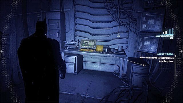 Skorzystaj z komputera na końcu korytarza żeby otworzyć cele - Trofea Człowieka-Zagadki na pokładach sterowców Stagga (11-21) | Sekrety - Sterowce Stagga - Batman Arkham Knight - poradnik do gry