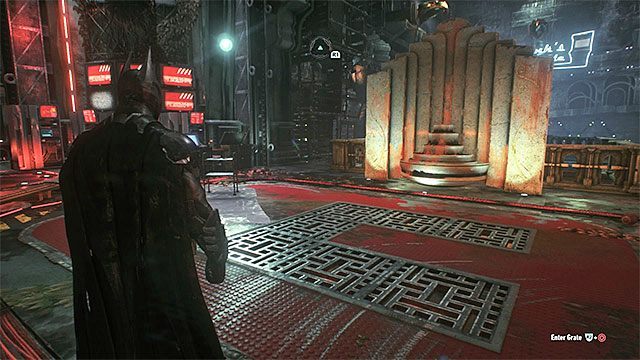 Ustaw się w centralnej części bazy i wskocz do szybów w podłodze - Trofea Człowieka-Zagadki w bazie rycerza Arkham (1-10) | Sekrety - Baza rycerza Arkham - Batman Arkham Knight - poradnik do gry