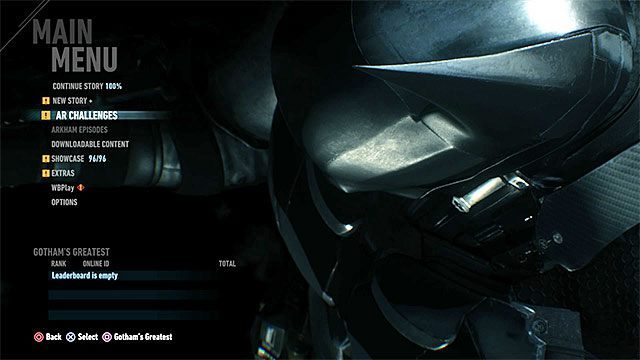 Wyzwania najłatwiej przeglądać z poziomu menu głównego - Wyzwania RR (Rzeczywistości Rozszerzonej) | Wyzwania RR | Batman Arkham Knight - Batman Arkham Knight - poradnik do gry