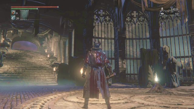 Nawiąż kontakt, zbierz Krew śmierci szału, otwórz bramę i schodami ruszaj na spotkanie z bossem. - Górny Rewir Katedralny | Opis przejścia Bloodborne - Bloodborne - poradnik do gry