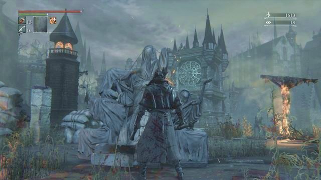 Przed ostrzałem możesz uciec lub też schować się za rzeźbą. - Stare Yharnam | Opis przejścia Bloodborne - Bloodborne - poradnik do gry