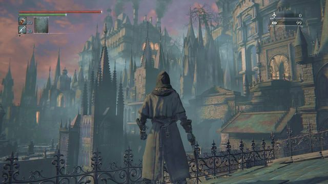 Widok widoczny przez okno, zaraz po wyskoczeniu z windy. Z lewej strony przejdziesz do górnej części Kaplicy Oedona. - Rewir Katedralny | Opis przejścia Bloodborne - Bloodborne - poradnik do gry