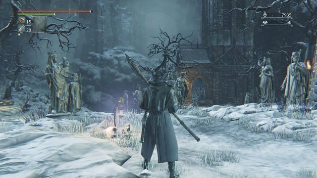 Główny plac - z lewej główna droga, po prawej aktywowana później winda. - Zapomniany Zamek Cainhurst | Opis przejścia Bloodborne - Bloodborne - poradnik do gry