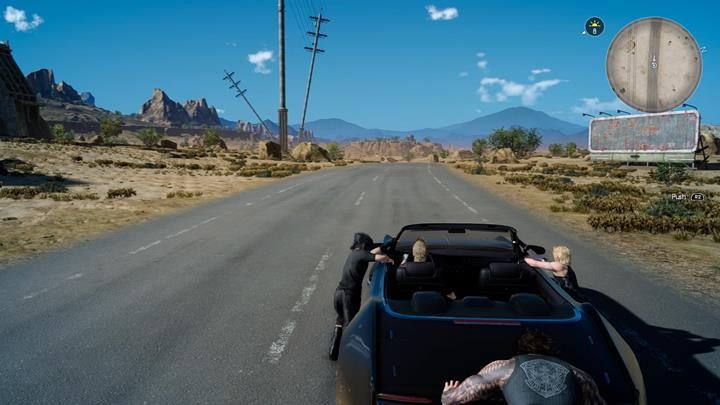 Niestety, samochód drużyny odmówił posłuszeństwa i nie pozostaje nic innego jak go pchać do najbliższego warsztatu - Chapter 1 - Departure | Solucja Final Fantasy XV - Final Fantasy XV - poradnik do gry