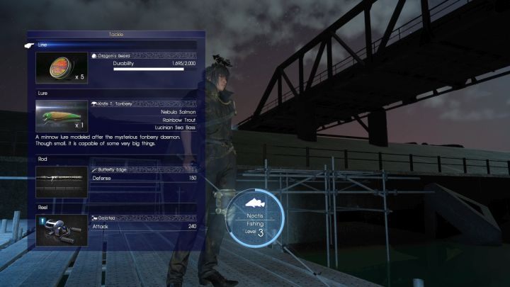 Ekran zmiany ekwipunku wędkarskiego. - Łowienie ryb - informacje ogólne w Final Fantasy XV - Final Fantasy XV - poradnik do gry