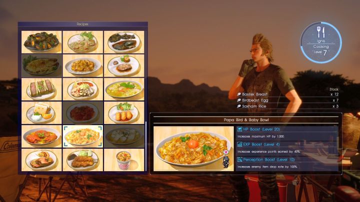 Ekran wyboru potrawy. - Gotowanie, składniki i przepisy w Final Fantasy XV - Final Fantasy XV - poradnik do gry
