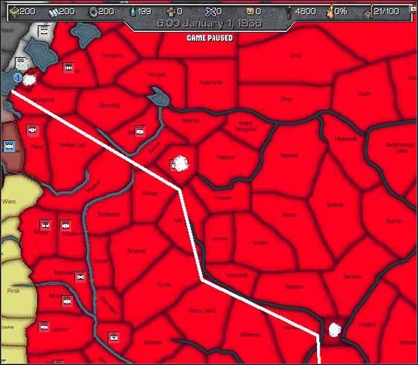 Ostateczna linia obrony, jeśli Niemcy ją naruszą będziesz miał poważne problemy. Białymi kropkami zaznaczone trzy najważniejsze prowincje dla ZSRR. - Związek Radziecki | Państwa w Europa Universalis II Wojna Światowa - Europa Universalis: II Wojna Światowa - poradnik do gry